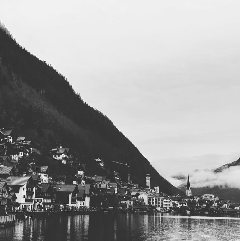 black and white photo of Hallstatt, Austria taken by LV @lvf.lvx