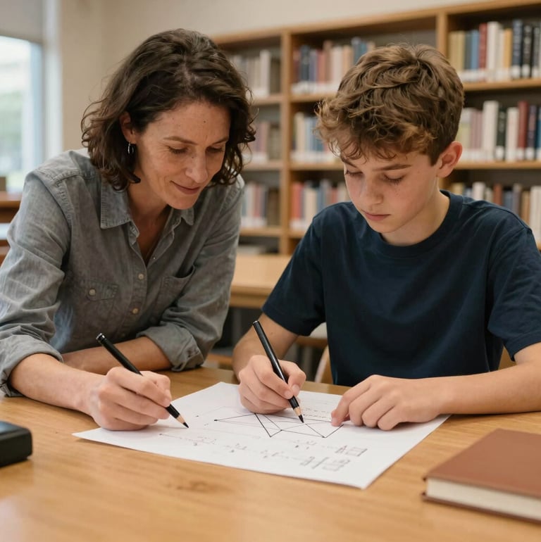 A high school student solving geometry equations with a encouraging mentor at a wooden table in a British Columbia library, soft warm lighting.