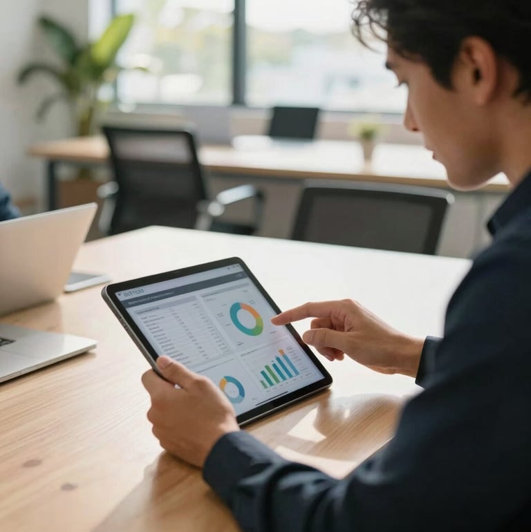 A social media specialist reviewing content analytics on a tablet during a strategy meeting in a sunny Florida workplace setting.