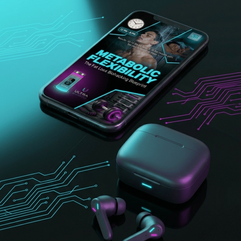 Smartphone displaying a metabolic flexibility biohacking app next to wireless earbuds.