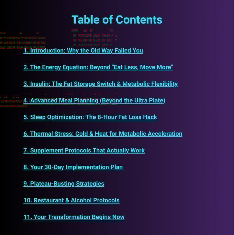 Table of contents for a health and fitness guide covering insulin, meal planning, and metabolic acceleration.