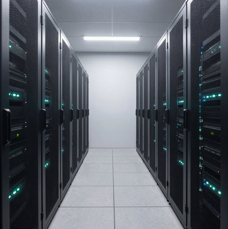 A wide-angle shot of a minimalist, secure data center aisle. The racks are dark slate grey, illuminated by muted teal status lights. The composition is symmetrical and clean, suggesting competence and order.