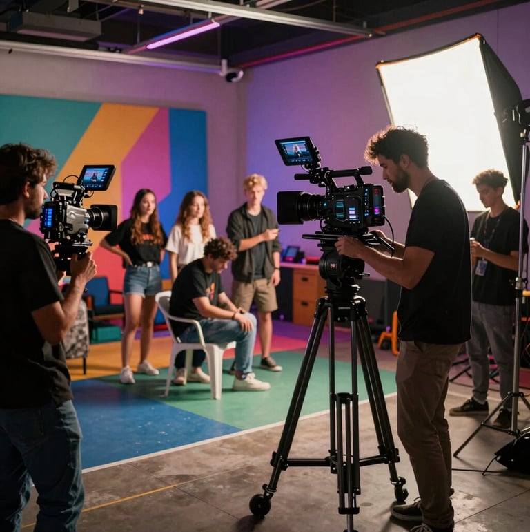 A sleek, modern photo of a film set illuminated with soft white lighting, showcasing a camera rig and crew in action.