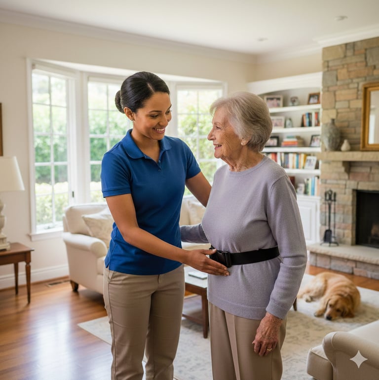 A smiling caregiver assists a senior woman using a gait belt for mobility support in her home.