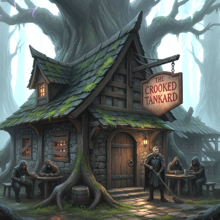 The outside of the the elven pub The Crooked Tankard in Luminara