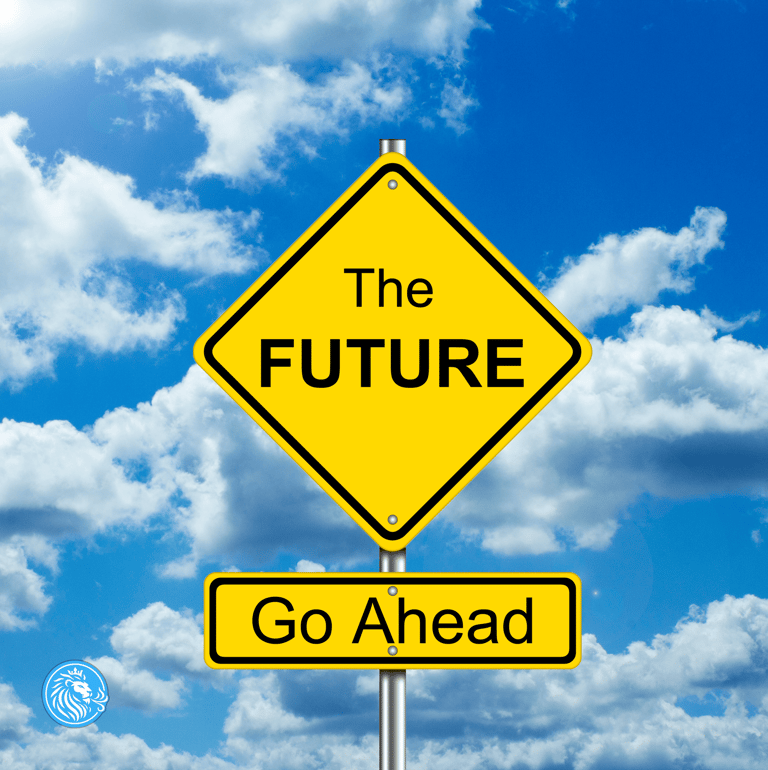 your future is now! yield sign against a bright sunny sky filled with fluffy clouds