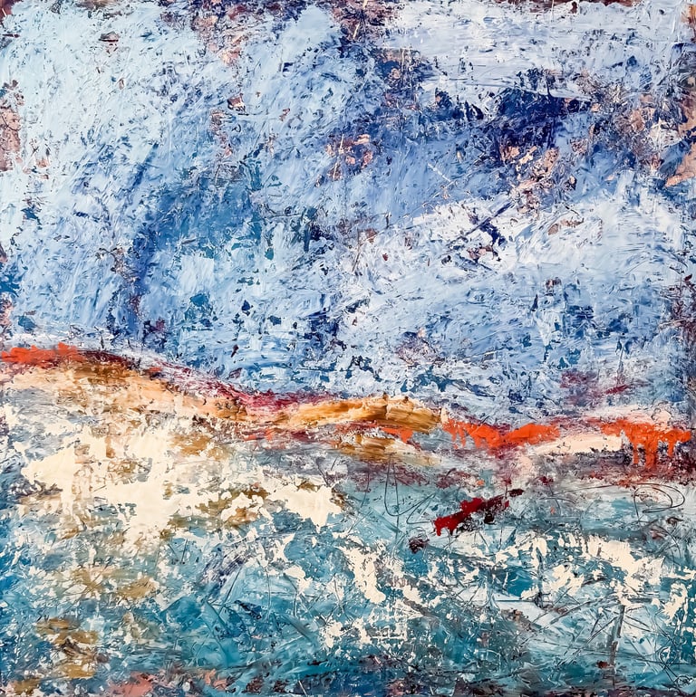 Textured abstract oil painting with blue, white, and orange impasto brushstrokes suggesting a landscape.