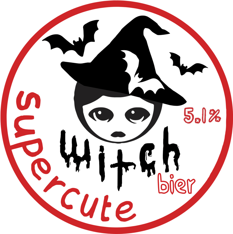 a wit beer label with a supercute witch with bats 