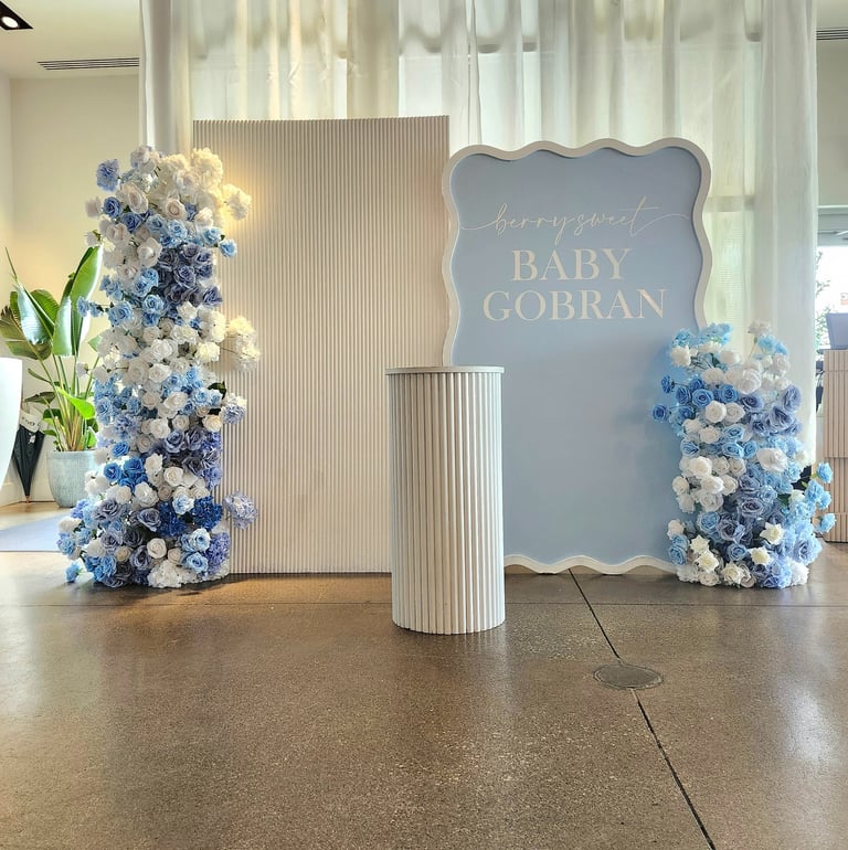 Baby blue backdrop for a bridal shower in Oakville