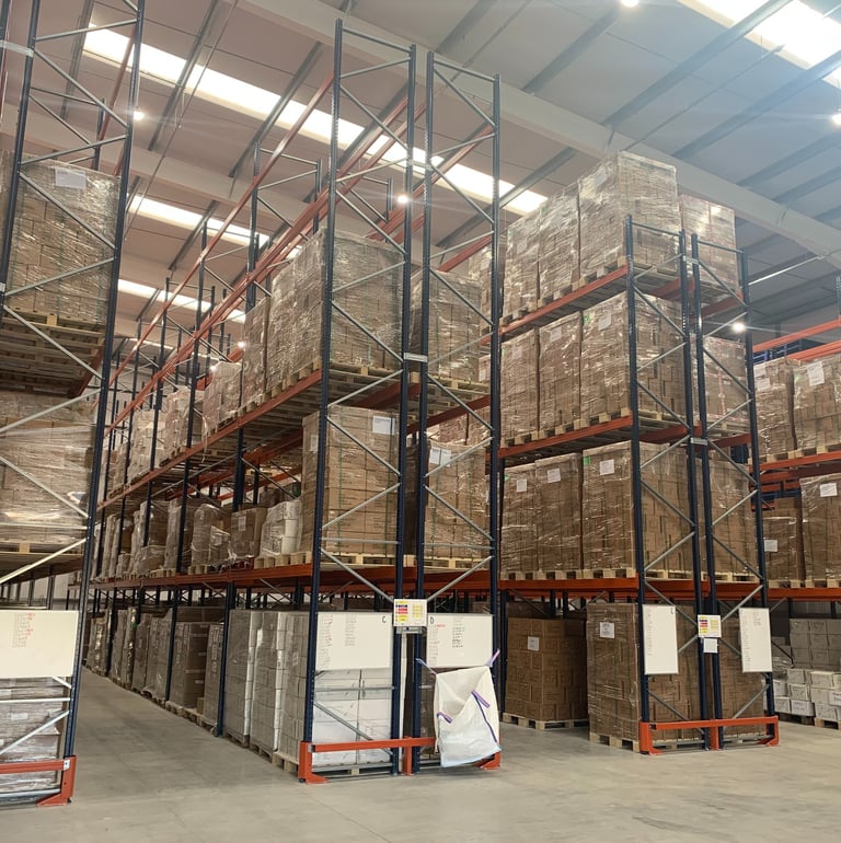 tall pallet racking in narrow aisle configuration with rack end protectors  