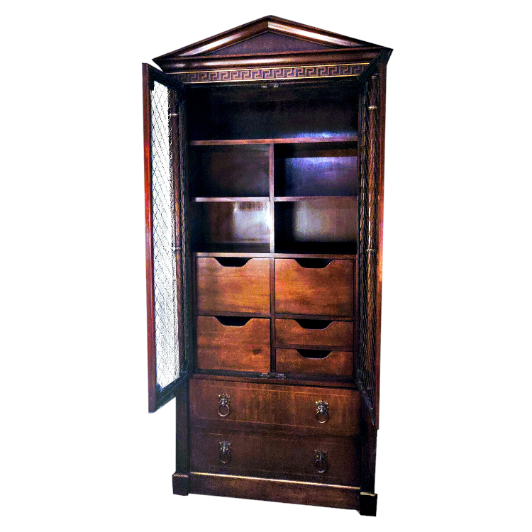 an Empire style wardrobe cabinet with multiple drawers and greek crown at the crest with drawers