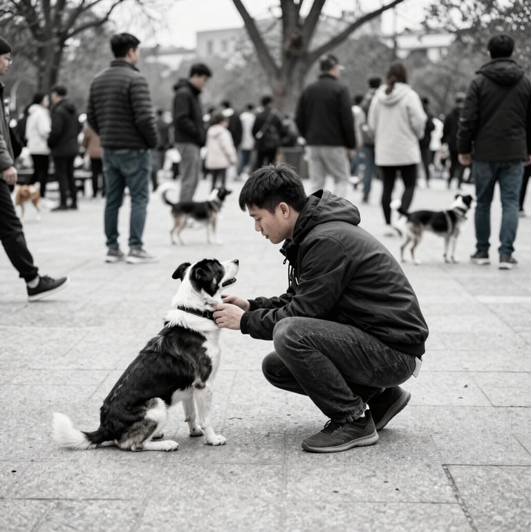 A handler and their dog practicing a 'sit-stay' in a busy park, with people and other dogs in the background, natural overcast daylight, high-contrast desaturated tones with blue accents, sharp focus, 35mm lens
