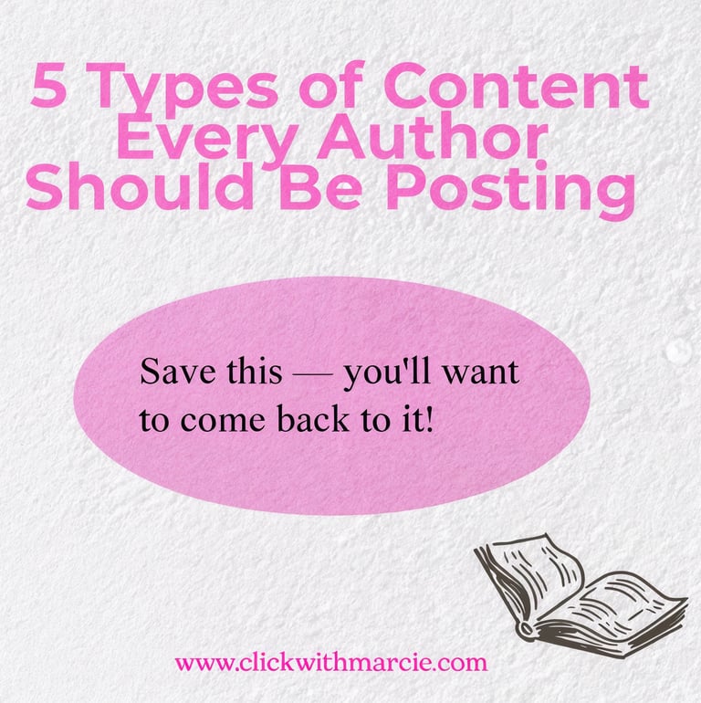 Social media carousel cover slide titled 5 Types of Content Every Author Should Be Posting, designed