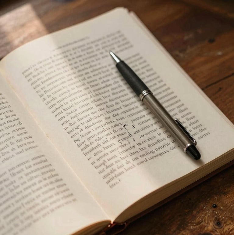Close-up overhead flat-lay of a literary manuscript on a worn wooden desk in Indore, editing marks in ink visible on cream pages, a pen resting diagonally across the sheets, north-facing daylight falling from the left, warm tungsten undertone, quiet and unhurried