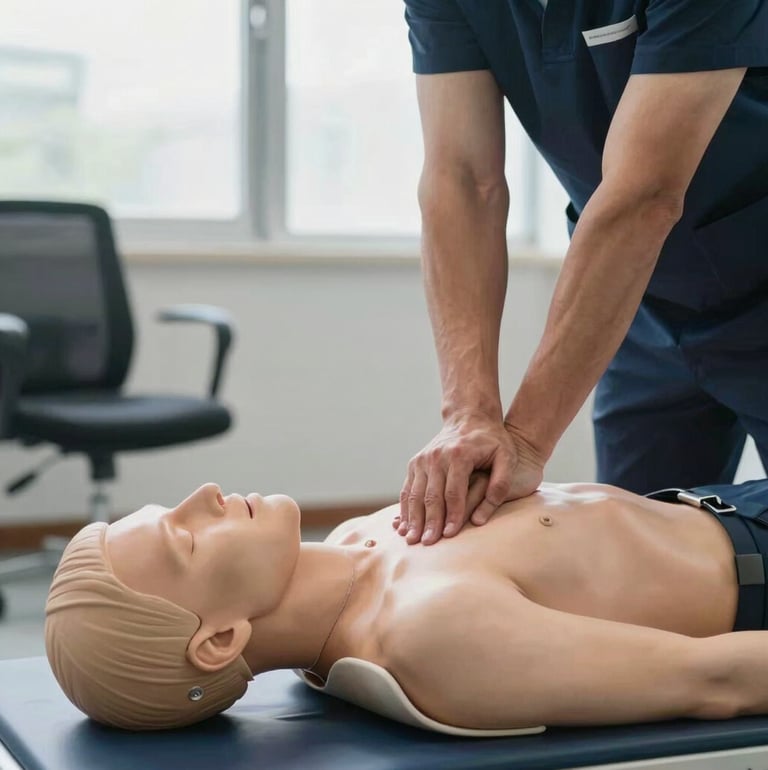 A close-up of a professional instructor demonstrating chest compressions on a training mannequin in a clean, modern corporate training room with natural morning light.