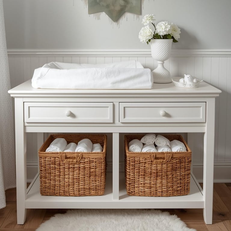 Wit houten commode met rotan manden en netjes opgerolde hydrofiele doeken