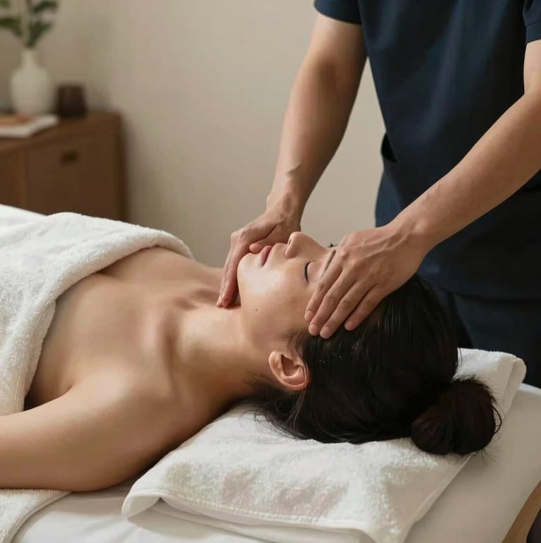 A client relaxing during a peaceful head and shoulder wellness massage in a quiet, softly lit studio in San Diego, California.