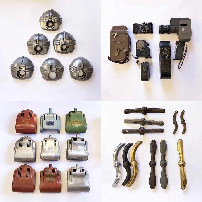 Collection of objects from the workshop of an assemblage artist.