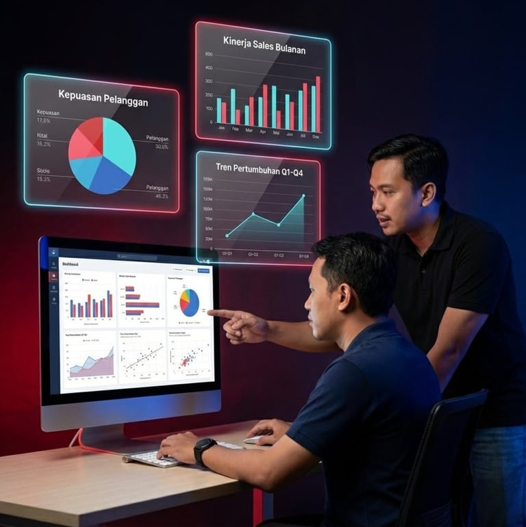 Business analysts reviewing interactive data dashboards and charts on a desktop monitor.