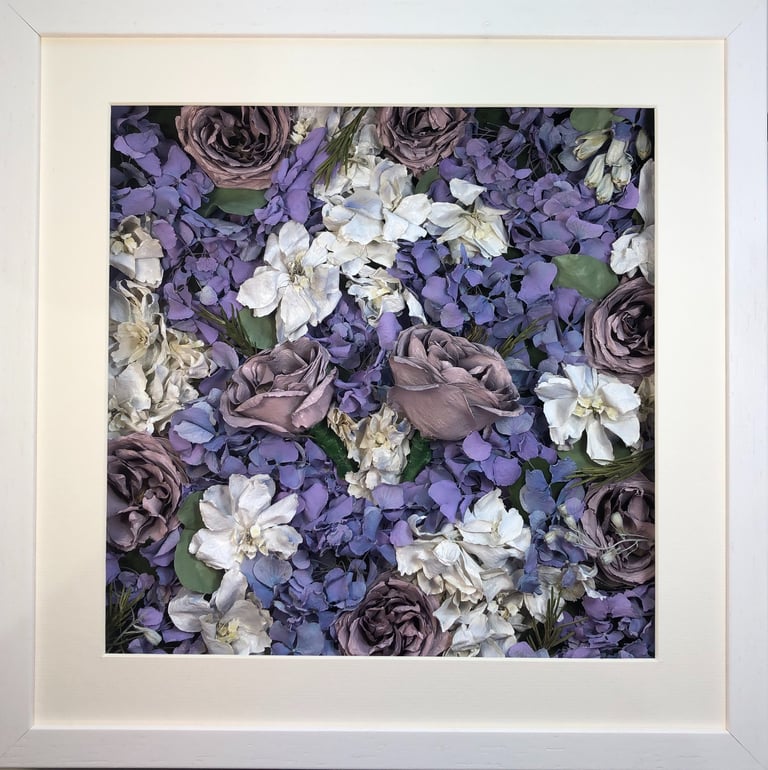 a flower wall style preserved wedding bouquet with gorgeous lavender hydrangeas in a frame