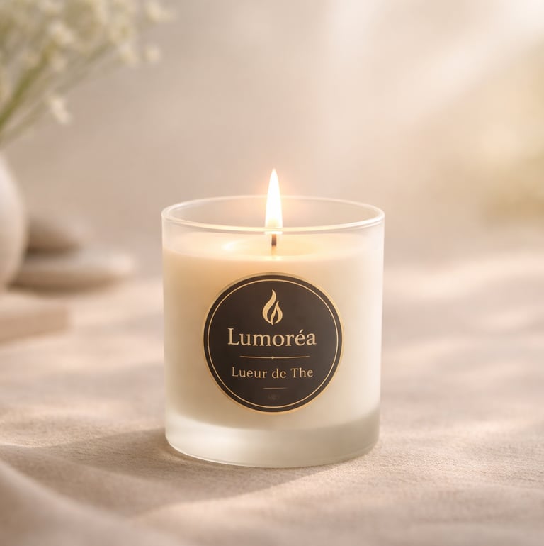 A lit Lumorea scented candle in a frosted glass jar on a soft fabric surface with warm lighting.