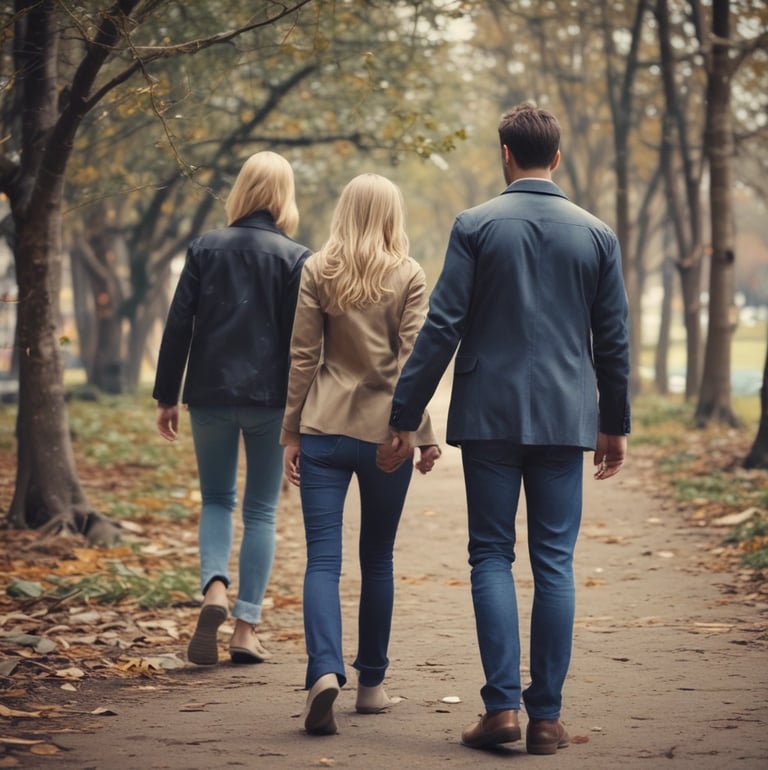 Two women and a man are walking in the park