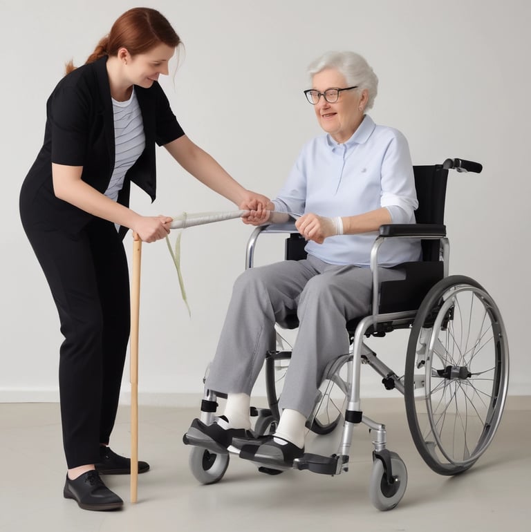 A physiotherapist assisting an elderly patient at home.