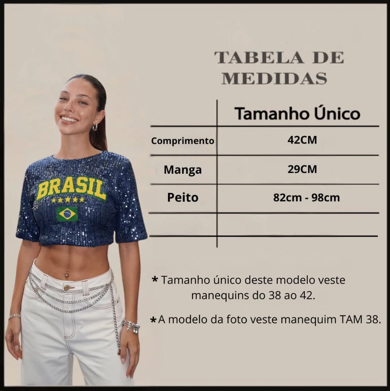 Cropped Feminino Brasil Paetê Azul Brilhante Look Torcida Copa Moda