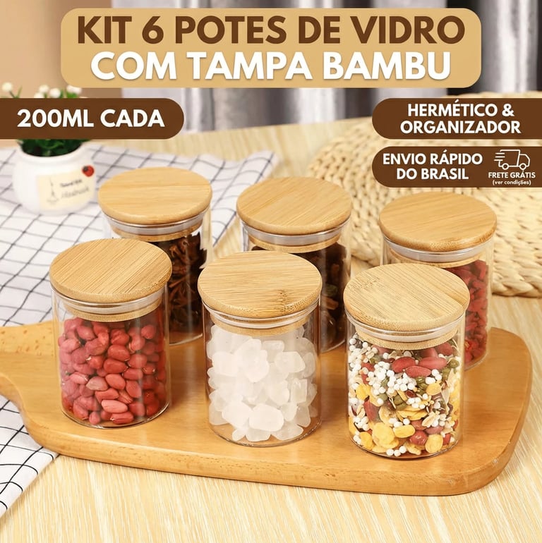 Kit 6 Potes de Vidro 200ml com Tampa Bambu Hermética Porta Mantimentos