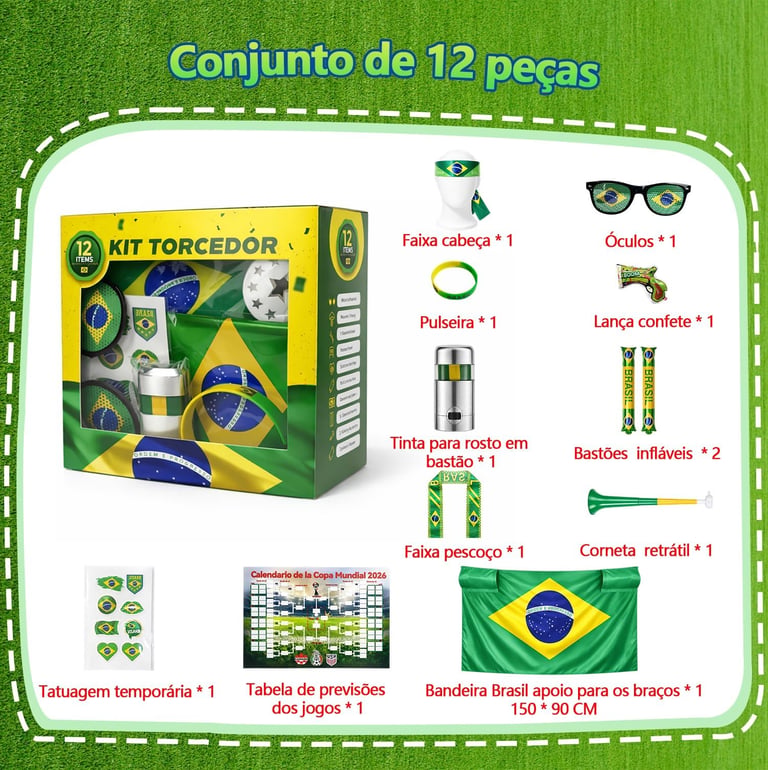 Kit Torcedor Brasil Copa 2026 – 12 Peças