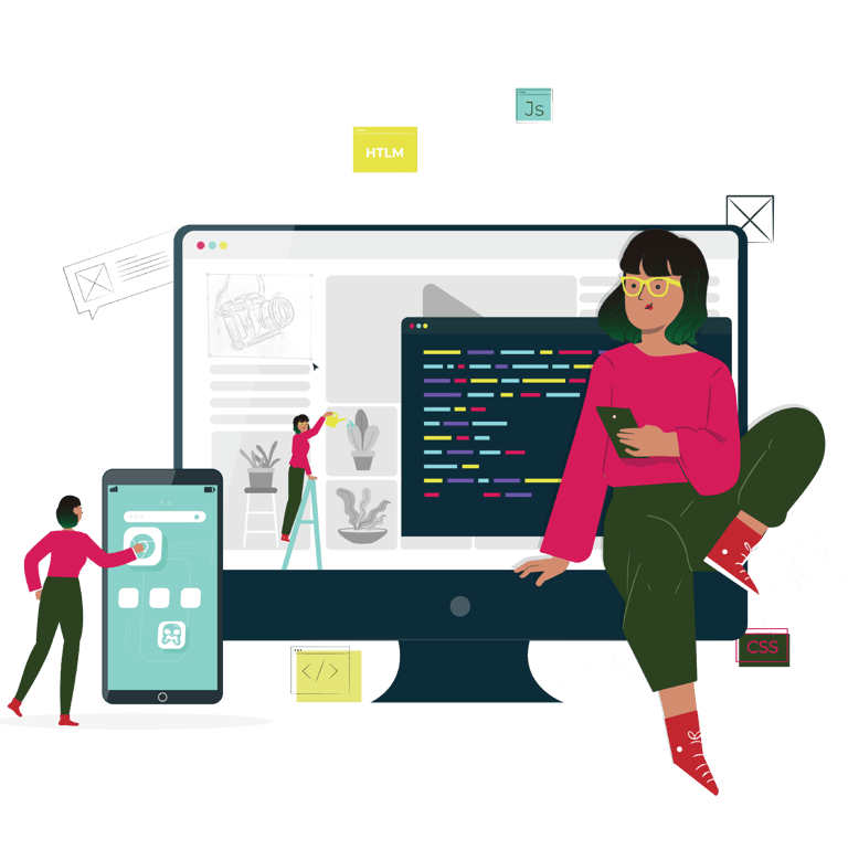 a woman sitting on a computer screen with a woman working on a laptop