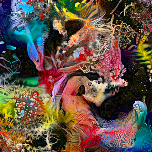 Obra de arte generativa de Sofia Crespo, mostrando uma criatura fantástica e colorida com texturas o