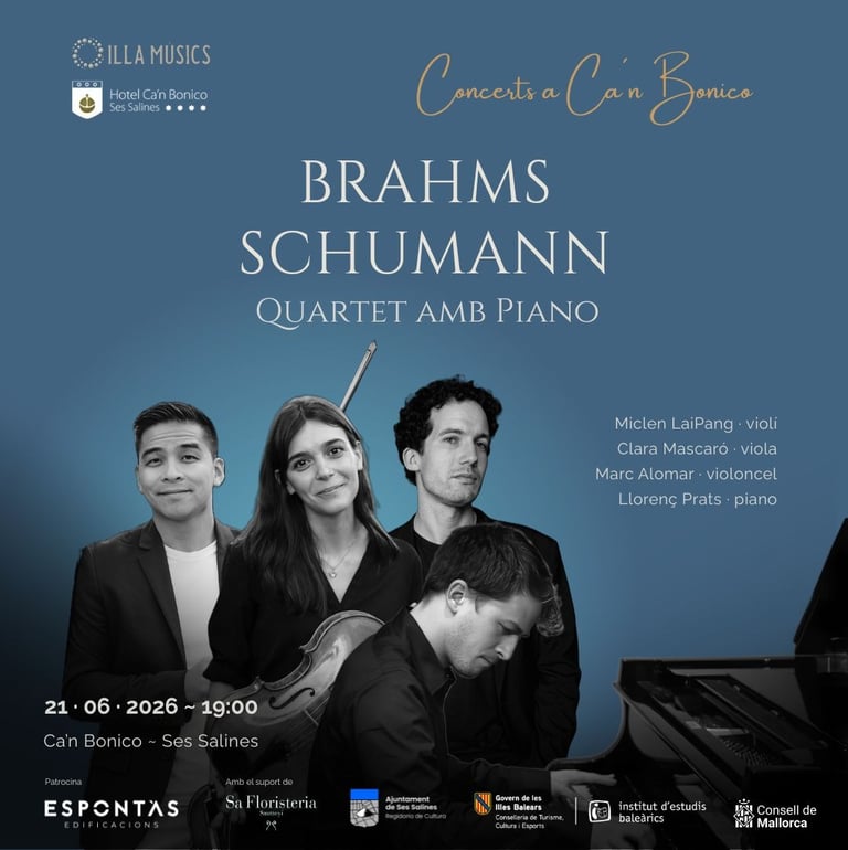 Poster for the piano quartet concert at Ca’n Bonico featuring works by Robert Schumann and Johannes 