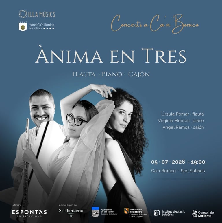 Cartel del concierto Ànima en Tres en Ca’n Bonico con Úrsula Pomar, Virginia Montes y Ángel Ramos en