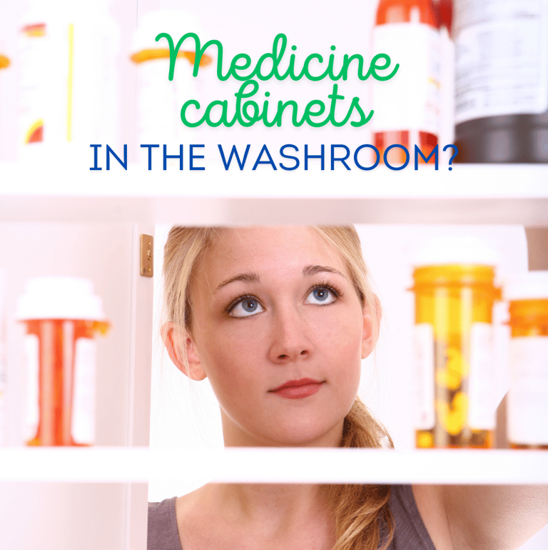 a woman in a gray tank top lookin at a medicine cabinet with medicine bottles