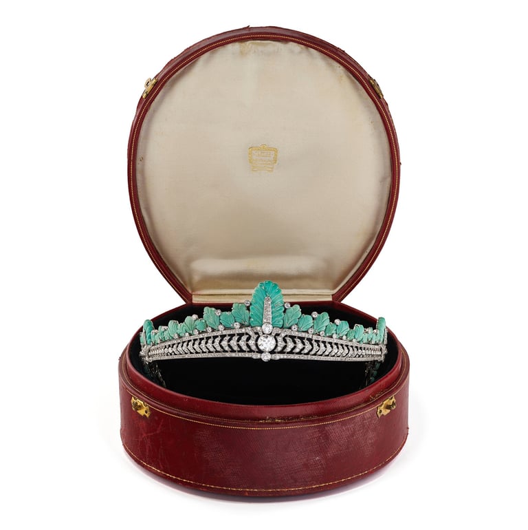 Cartier tiara in original red fitted case, owned by Nancy Astor.