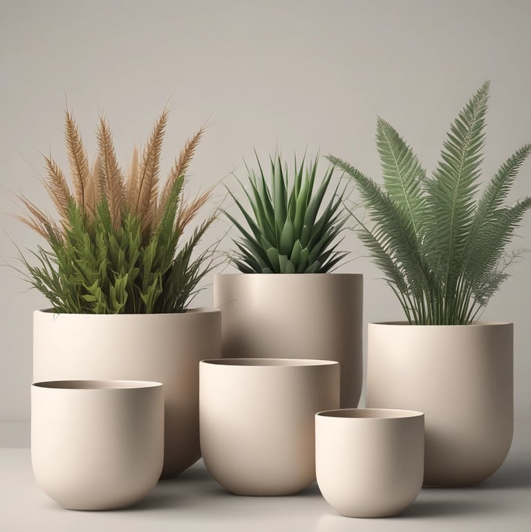 a group of three planters with plants in them