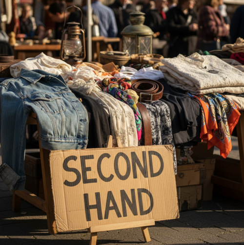 Ropa y accesorios vintage de segunda mano exhibidos en un puesto de mercado al aire libre