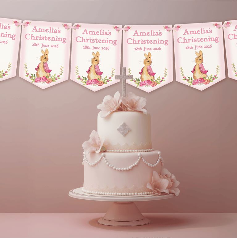 Personalised pink rabbit christening bunting displayed above an elegant pink baptism cake table