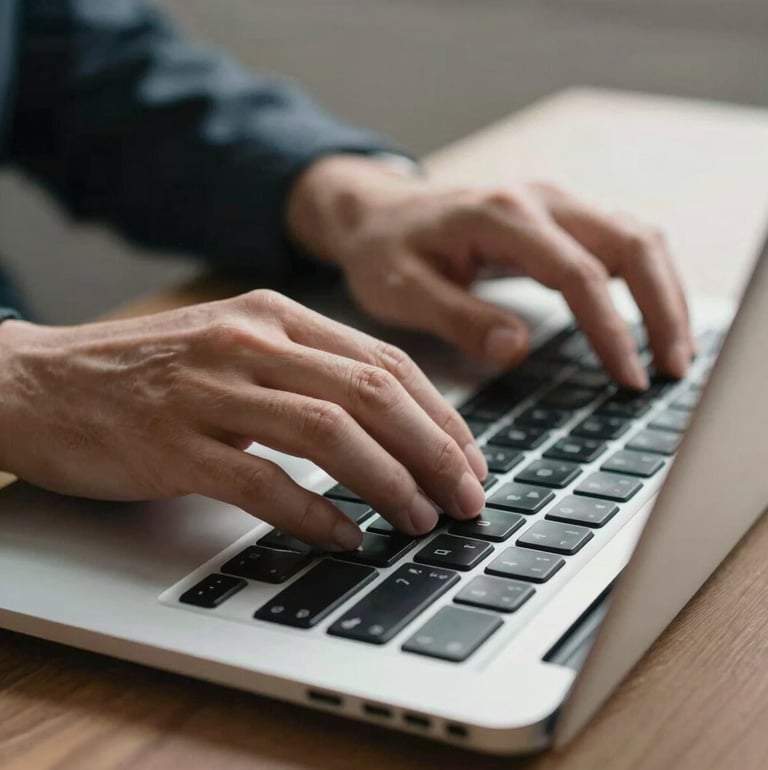 A stylized, high-contrast close-up shot of hands typing on a modern, sleek laptop keyboard with clean ambient bright lighting. Focus on productivity, technology, and online instruction in a professional North American / US corporate setting.