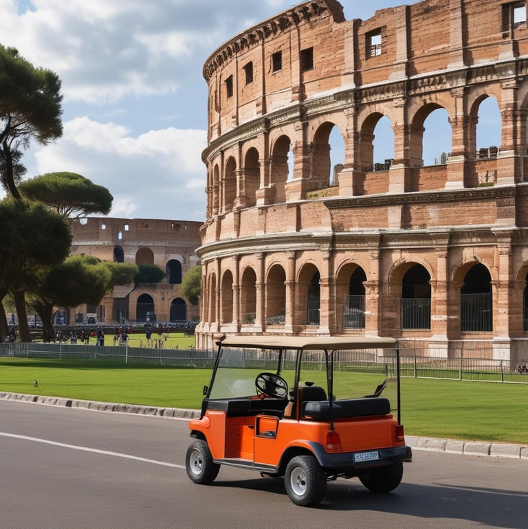 Ancient Roman ruins with tall stone columns under a bright blue sky. The ruins are surrounded by green grass and paths, with modern buildings visible in the background. Tourists walk around, exploring the historic site.