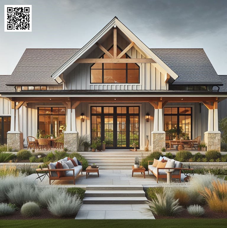 farmhouse backyard, patio, seating area, black french doors, wood beams, gable accent, stone, white