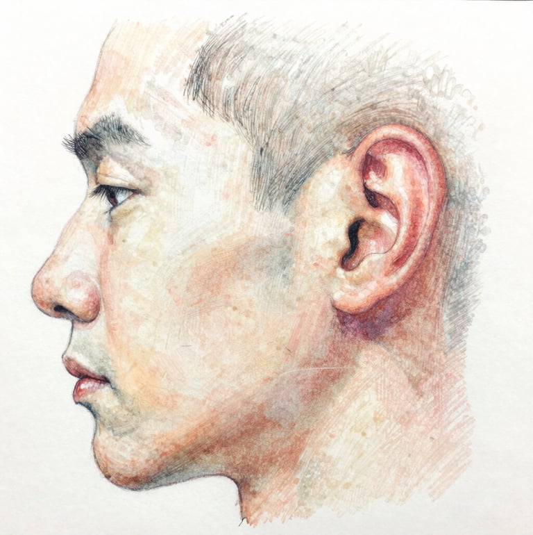 Two faces in profile overlapping, sepia toned drawing.