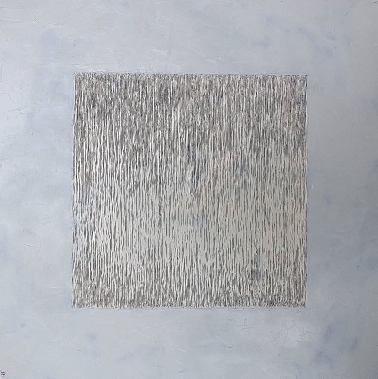 Rain painting by Tim Grosvenor, an oil on an unconventional surface, featuring rich texture.