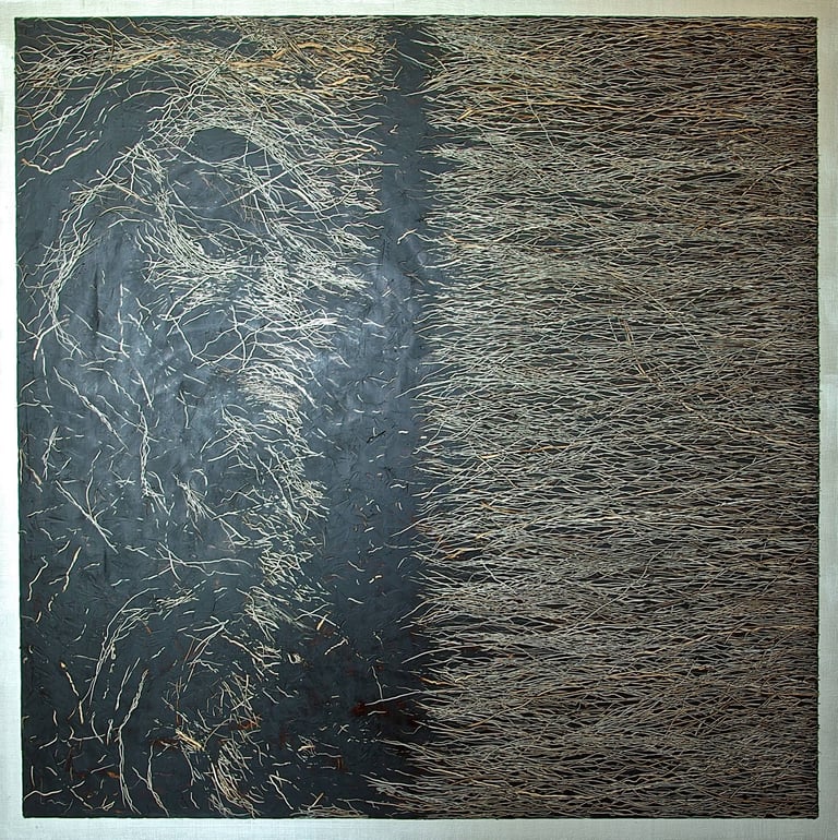 The Shore painting by Tim Grosvenor, an oil on wood artwork featuring textured layers.