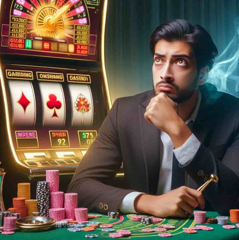Persona pensativa mientras juega slots en el casino