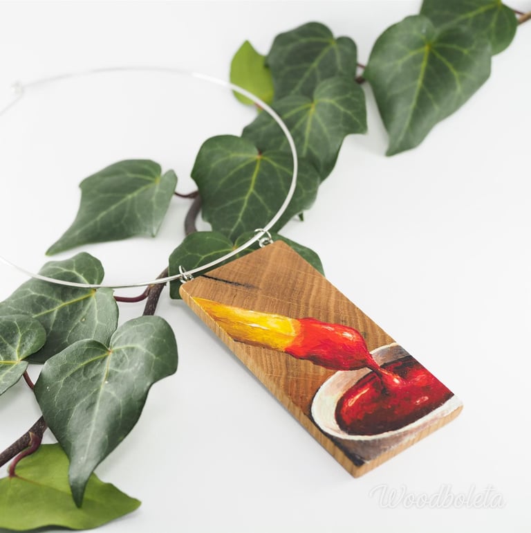 hand painted pendant with pommes frites and ketchup motif