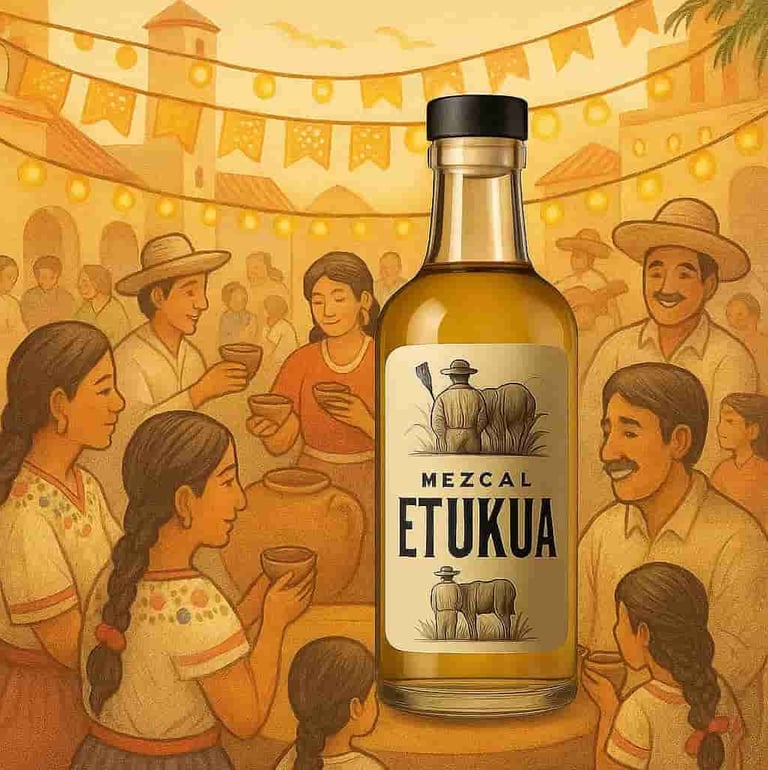 Comunidad reunida en festividad tradicional con mezcal como elemento central