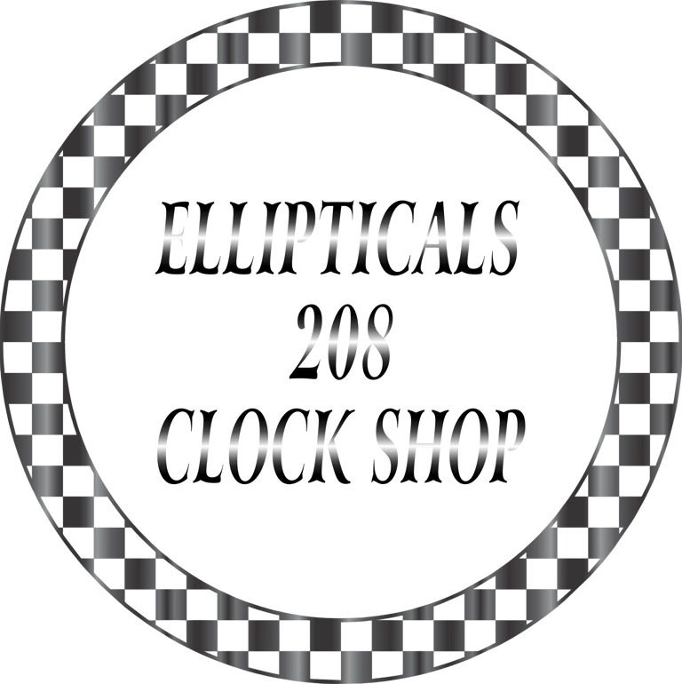 Ellipticals 208 Clock Shop logo featuring silver text inside a metallic checkered bezel.