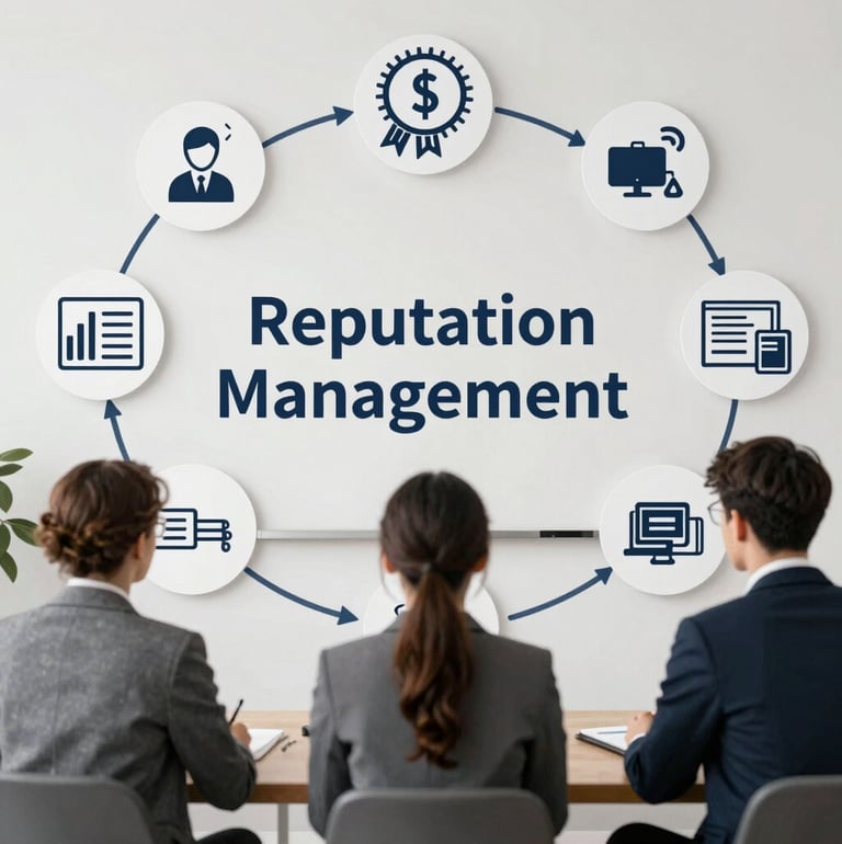 Three people looking at a witeboard with different parts of reputation management displayed